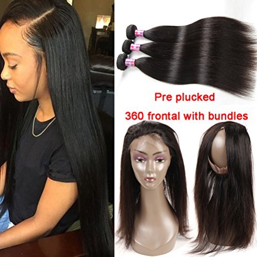 Miss Flower 360 Lace Frontal Closure With Bundles 8A Brazilian Straight Virgin Hair With Closure 3 Bundles Human Hair With 360 Lace Frontal Closure Brazilian Virgin Hair (24 24 24+20 closure)