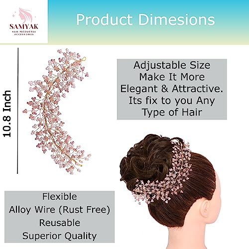 Image of Samyak Crystal Pearl Hair Vine Tiara Headband Headdress Hair Jewellery /Hair pin /Bun Clip For Bridal Wedding Functions Bridesmaid (Baby Pink)