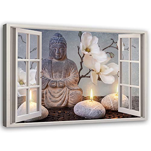 Feeby Impresión en Material Tejido no Tejido - cuadros decoracion salon modernos - cuadro lienzo - 45x30 cm - lienzo grande - Ventana Buda Estatua Zen - cuadros decoracion salon