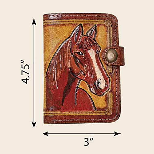 SAGEFINDS Tooled Genuine Leather Horse Wallet | Multi Card and Cash Holder | Hand-Painted | Equestrian Gift | Fold Over Button-Snap Closure | 4.75” x 3”4