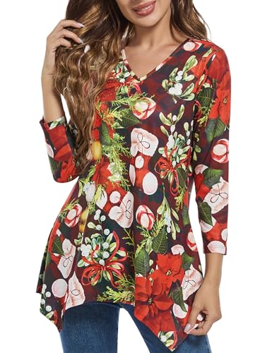 Christmas Shirts for Women Womens Christmas Tops Holiday Tunic Tees Cute Xmas Shirts for Women (US Alpha Small Regular Regular Poinsettia Stocky)