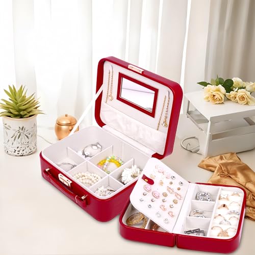 Image of BucketList PU Leather Jewellery Organizer Box with Mirror & Necklace Hooks | Large Multi-Compartment Jewelry Storage Case with Removable Tray & Mini Travel Box (Luxury Jewelry Box with Mirror (Red))