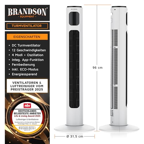 Brandson - Turmventilator ECO mit DC Motor - sehr leise – Preisträger 2025 – Wlan Smart Home mit App/WiFi Alexa Sprachst