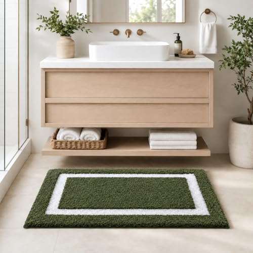 Image of Color&Geometry Mini Green Bathroom Rugs 24x16, Extra Soft Absorbent Microfiber Bath Rug, Non-Slip Bathroom mat, Washable Plush Bath Mats for Bathroom, Shower, Bathtub, Laundry, Small, Olive Green