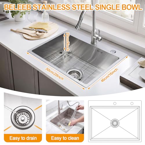 Image of Geetery 20 x 16 Inch Drop in Bar Sink, 9 inch Deep Single Bowl 304 Stainless Steel Top Mount Small Kitchen Sink Set with Grid Drain Strainer P-trap Drain Kit for Kitchen Island Prep Bar Rv Laundry Room