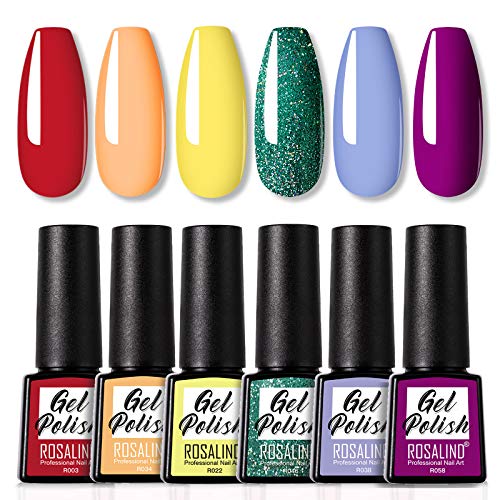 ROSALIND 7.3ml Gel Nail Polish 6pcs Red Orange Yellow,Nail Art Desgin Soak Off Nail Gel Set DIY at Home