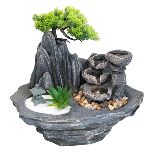 Lemodo Zimmerbrunnen LED Indoor 4-stufig Tischbrunnen Feng Shui Wasserfall mit Beleuchtung und Dekobaum Kaskadenbrunnen Deko für Wohnzimmer Schlafzimmer Büro Luftbefeuchter Wellness 34x23x32 cm