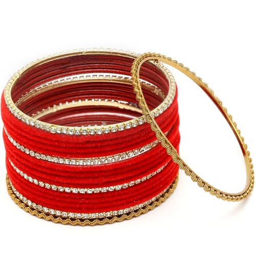 Image of ZENEME Gold-Plated Matte Finish Velvet White American Diamonds Studded Bangles Set Of 18 For Girls and Women