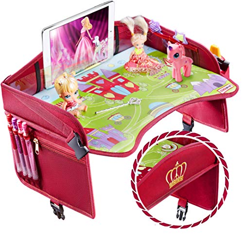 Coolmum Kids Travel Tray, Toddler Car Seat Tray, Activity Organizer, Snack Lap Tray, Baby Stroller Tray, Airplane Play Table, Waterproof and Foldable (Premium Red/Pink)