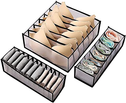 ABC life 3Pcs Underwear Drawer Organizer Set, Black Foldable Sock Bra Underpants Organizer Drawer Divider, Washable Closet Cabinet Storage Boxes for Clothes, Stockings, Ties and Bras (6+7+11 Grid)
