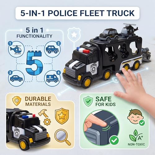 Image of 5 in 1 Police Truck Carrier Toy - Transport Vehicle Play Set for Kids - Fun & Educational Toy for Boys & Girls - Ages 3 to 7 Years - Pack of 1