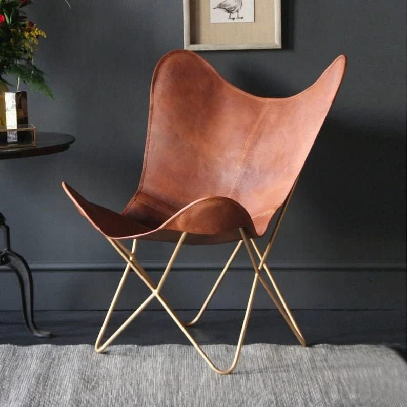 Orbit Art Gallery Leather Living Room Chairs-Butterfly Chair Tan Brown Leather Butterfly Chair-Handmade with Powder Coated Folding Chairs-image-34
