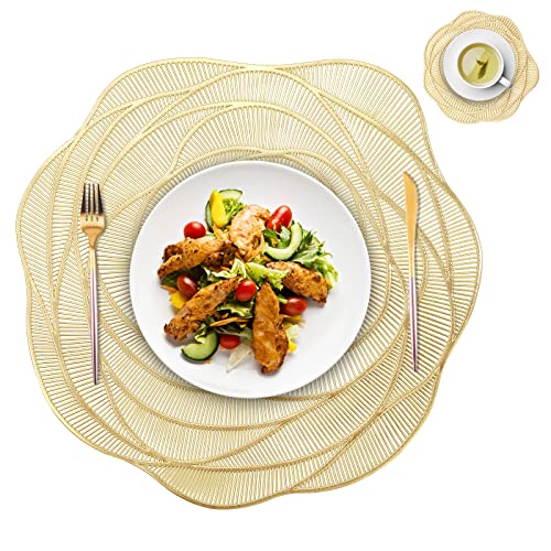 Gold Placemats Set of 8 for Dining Table, Pressed Vinyl 15 inch Round Place Mats Non-Slip Washable Dining Table Mates,8 Placemats and 8 Coaster for Wedding Party Holiday