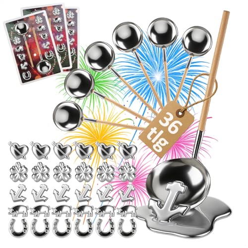 Robin Goods® 36-teiliges Zinngießen-Set mit Figuren und Holzstiel-Löffel - Silvestergießen Partyspiel zum Wahrsagen & Orakeln - Gesunde Alternative zum Bleigießen - Familien-Spaß