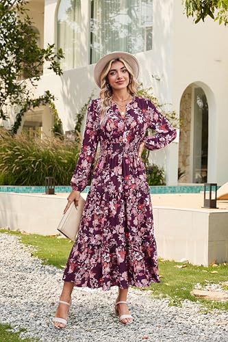 Image of GRACE KARIN Women's Floral Maxi Dress 2026 Fall Long Sleeve V Neck Empire Waist A Line Flowy Dress with Pocket