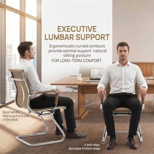 Image of Reception Chairs No Wheels Leather Conference Chair Heavy Duty Back Support Office Guest Chair, Set of 2 (Light Brown)