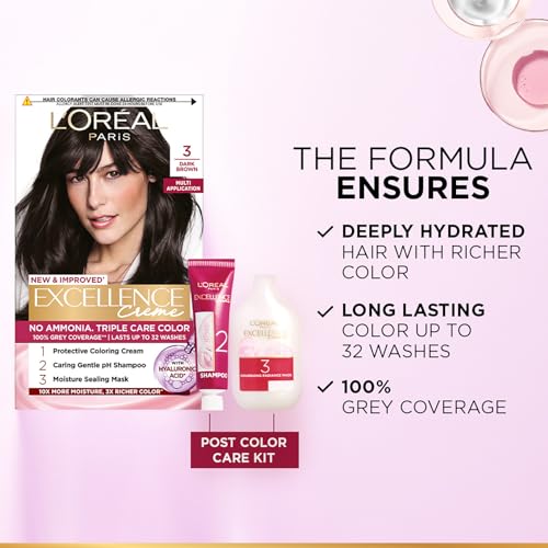 Image of L Oreal Paris Excellence Triple Care Hair Colour Cream, 25Ml + 25G - 3 Natural Darkest Brown (Pack Of 1)