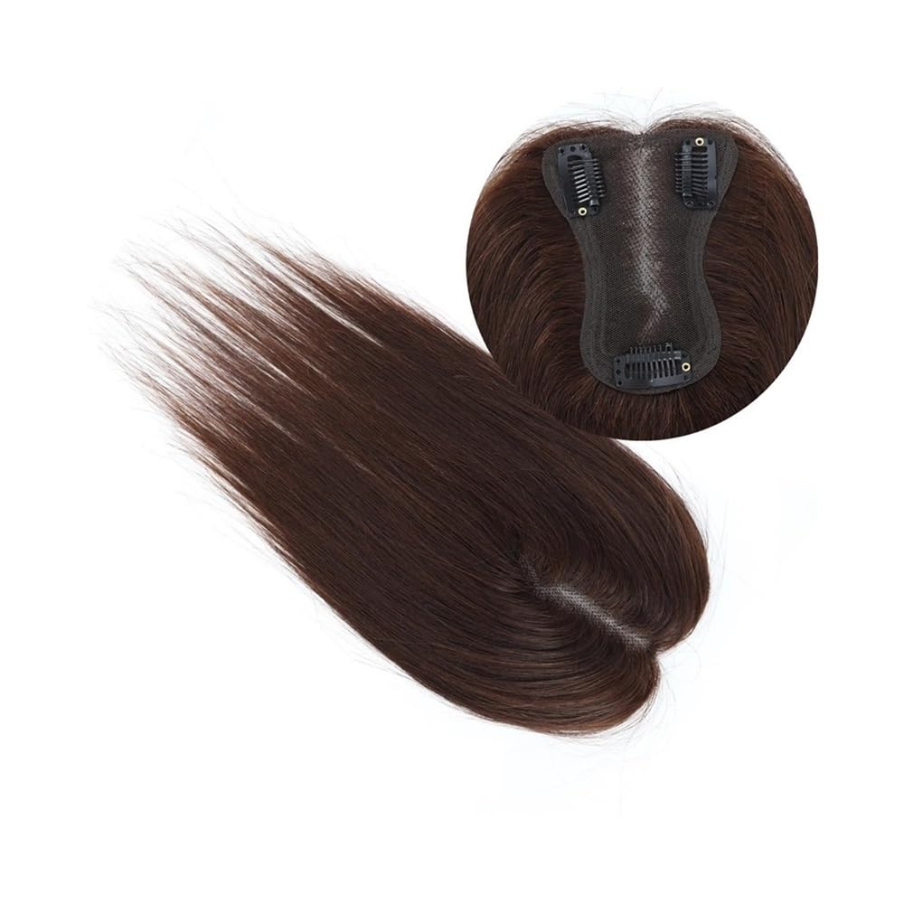 Topper for capelli veri con frangia 8x11 cm Base in pizzo svizzero Posticci morbidi e leggeri traspiranti con 3 clip, Attaccatura naturale for donne Extension per Capelli(Dark Brown)