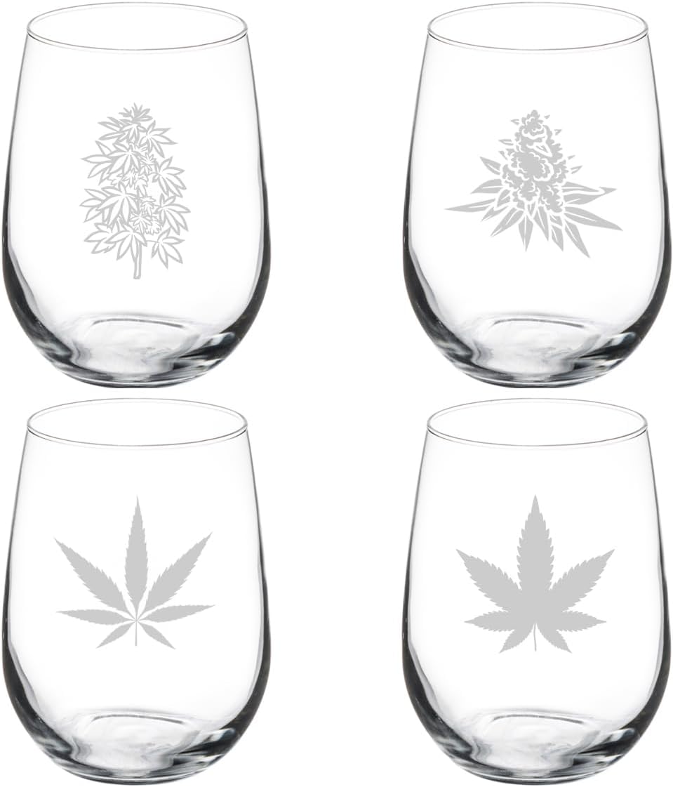 MIP Set of 4 Wine Glass Gift Marijuana Weed Cannabis Collection (17 oz Stemless)