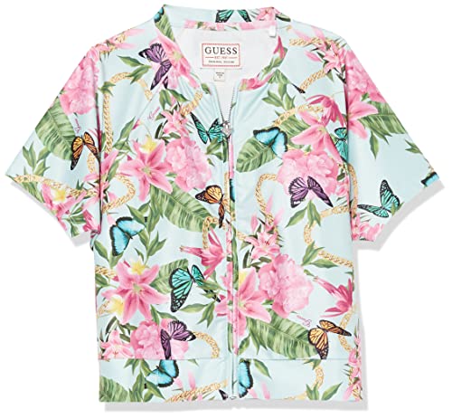 GUESS Girls' All Over Print Stretch Microfiber Zip Front Active Top