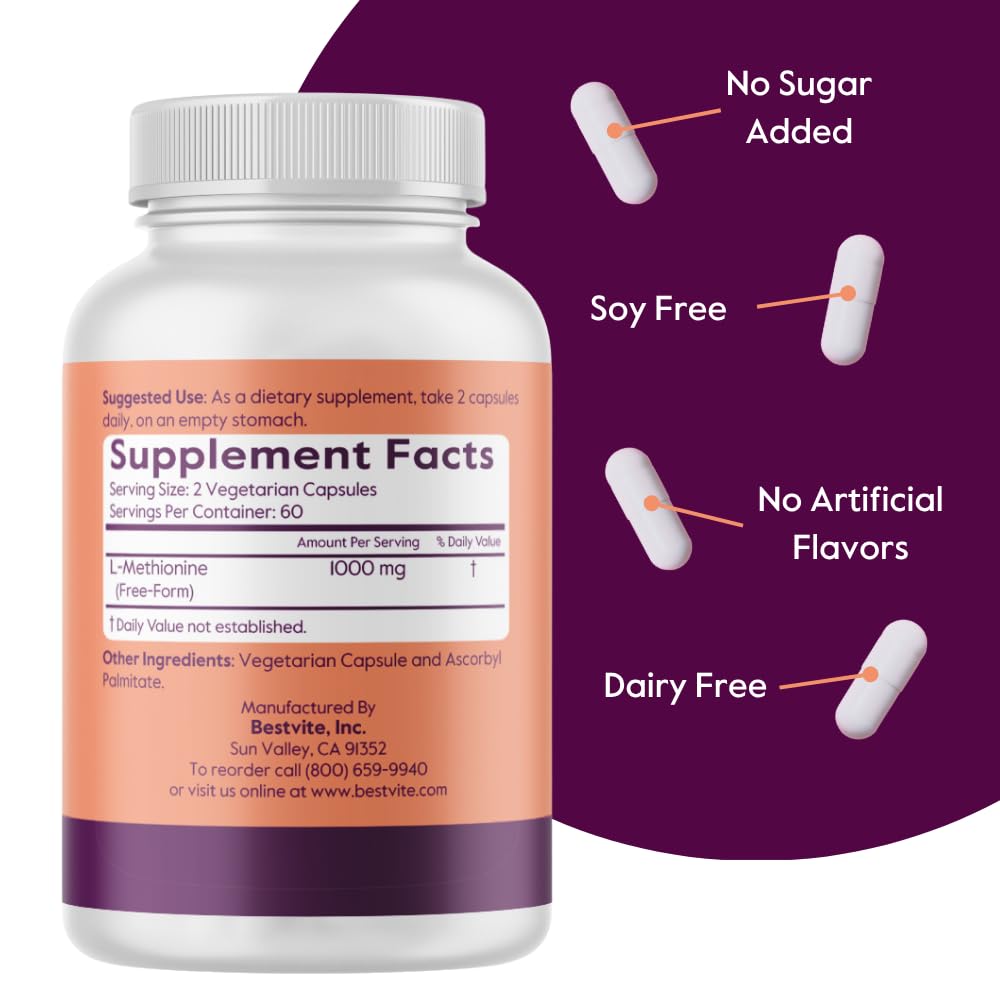 BESTVITE L-Methionine 500mg (120 Veg Caps) - No Stearates - Vegan - Non GMO — Amazon image 3