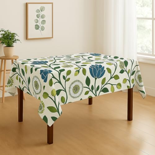 Image of Styleys Dining Table Cover Waterproof with for Kitchen Dining Table Cloth Dust and Oil Repellent (140x220, 1 Table Cover Only, White /Green Blue Flower, CTSD13)