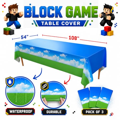 Image of Blue Orchards Block Game Tablecover (Pack of 3) 108 inch x 54 inch - Ultimate Virtual World Theme Party Decorations, Accent Tablecloth, Backdrop, Gift Wrap, Waterproof Plastic for Kids Video Game