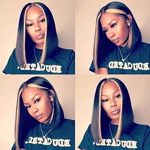 Short Human Hair Lace Front Bob Wigs with a Splash of Color Indian Remy Hair Blonde Two Tone Human Hair Wigs (12inch, Spalsh #27)