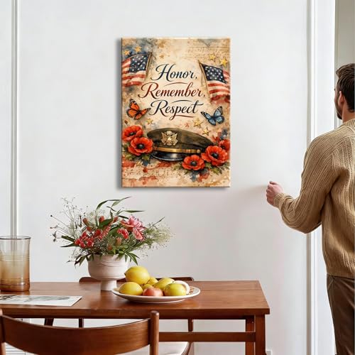 Image of Patriotic Honor Remember Respect Canvas Wall Art, Memorial Day Military Tribute, 4th of July Decor, Framed Prints for Home,Office,Living Room, Made in USA, Ready to Hang