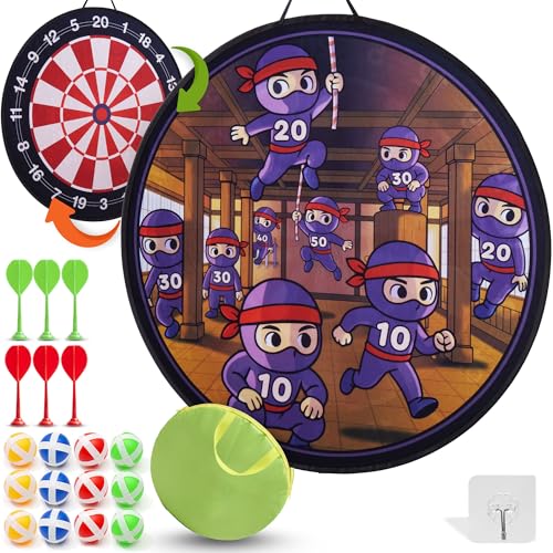 Cheerful Children Toys Jumbo Kids Dart Board Set XL or XXL, Large Dart Board - Reversible Designs, 16 Sticky Balls & 6 Darts - Indoor & Outdoor Garden Games for Ages 3-8 (Ninja, 100cm)