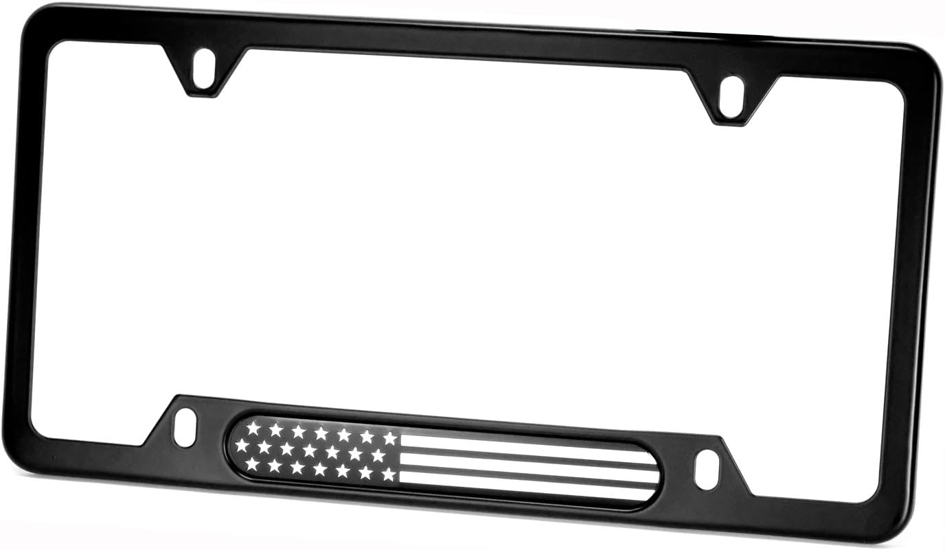 Black Stainless Steel License Plate Frame (Black Flag with Thin Blue Line)