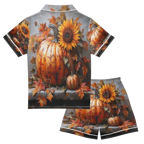 Satin Pajama Sets Short Sleeve Autumn Pumpkin with Sunflower Leaves Button Down Silky Nightwear 2 Piece PJS 5-14Y2