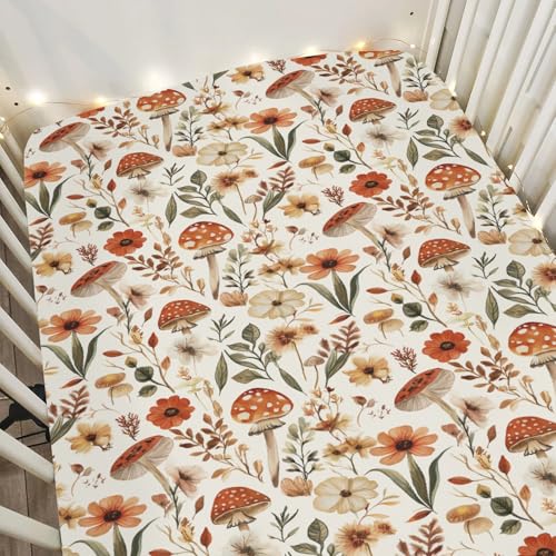 Image of Boho Mushroom Floral Leaves Baby Crib Sheets for Boy Girl 28"x52" Vintage Mushrooms Soft Stretchy Fitted Crib Mattress Cover Retro Mushroom Nursery Baby Sheet for Standard Crib and Toddler Mattress