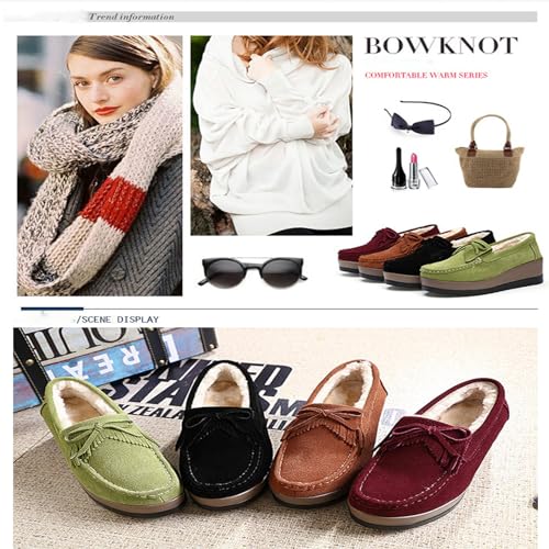 Image of Women's Tassel Suede Plush Wedge Shaped Sports Shoes Fashion Thick Sole Arched Casual Loafers Velvet Tassel Bow Wedge Casual Shoes