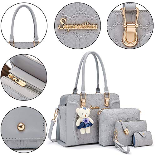 Image of Women's Fashion Handbag Tote Bag Shoulder Top Handle Satchel Purse Set 4pcs | Stylish Style,Chain Texture Design,Ample Space,Bear Doll Decoration,with a Crossbody Strap