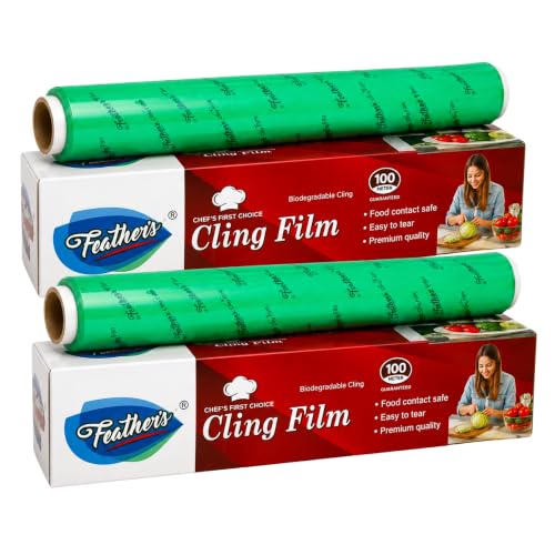 Image of Feather's Cling Film Wrap Food Biodegradable Multipurpose Food Wrapper Non-Stick Microwave Safe (Pack of 2, 100m)