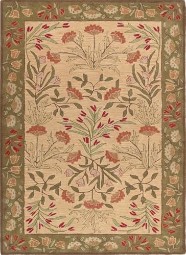 Image of Restoration and Renovation Handmade Floral Adeline Beige /Blue Tulips Traditional Crafted Wool Area Rug for Living Room Bedroom and Kitchen (Multi Color, 6' x 9')