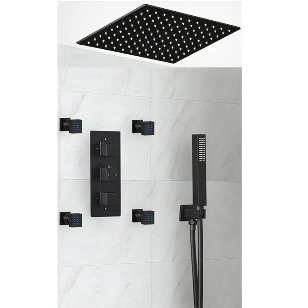 Milano Black Preto Thermostatic Mixer Valve 400Mm Square Recessed Shower Head Handset Body Jets