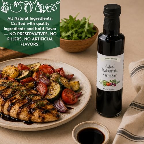 Image of Lesley Elizabeth Aged Balsamic Vinegar - Authentic Modena Italian Balsamic, Rich & Syrupy Flavor - Perfect for Salads, Veggies, Meats & Cheese - 8.5 fl oz (250ml) Glass Bottle
