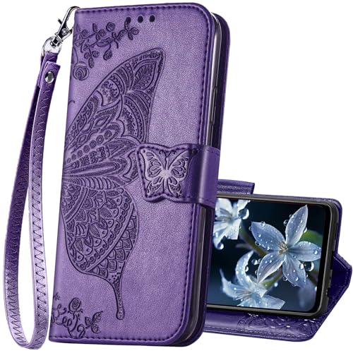 KRHGEIK for Moto G Power 5G 2024 Case Wallet,Women Flip Folio Cover with Credit Card Holders Butterfly Embossed PU Leather Kickstand Wrist Strap Phone Case for Motorola Moto G Power 2024 (Purple)