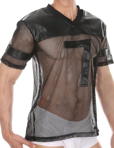 FEOYA See Through Fishnet Top Mesh T Shirts for Men Transparent Pu Tee Round Neck Long Short Sleeve Party Club Top