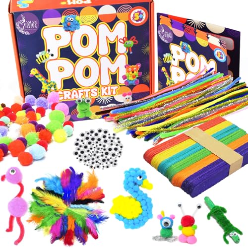 Asian Hobby Crafts Kids Pom Pom Crafts Kit with 250+ Craft Materials/Pipe Cleaners, Googly Eyes, Pompom Balls, Ice Cream Sticks, Color Feathers, Creative Supplies for DIY Art & Crafts Projects