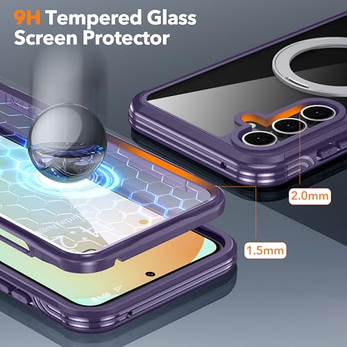 Image of Magnetic for Samsung Galaxy S24 FE Case Compatible with MagSafe [Built-in 9H Glass Screen Protector][Foldable Stand] 15 FT Dropproof Full Body Rugged Case for Galaxy S24 FE (Purple)