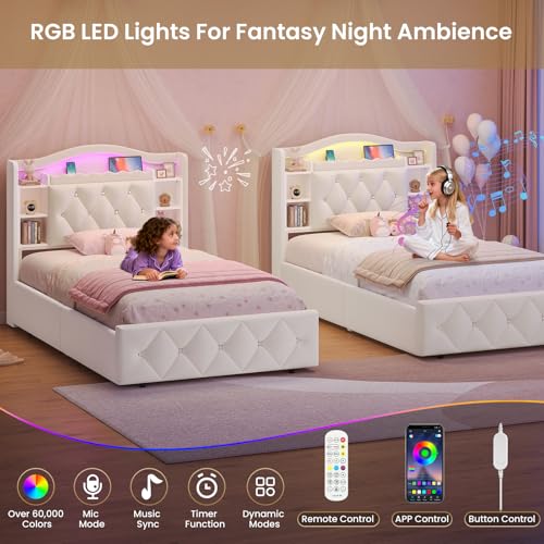 Image of DICTAC Twin Size Bed Frame for Kids with Storage Drawers, Bookcase Headboard, LED Lights and Power Outlets, Diamond Tufted Velvet Upholstered Princess Platform Bed, Heavy-Duty Metal Support, Beige