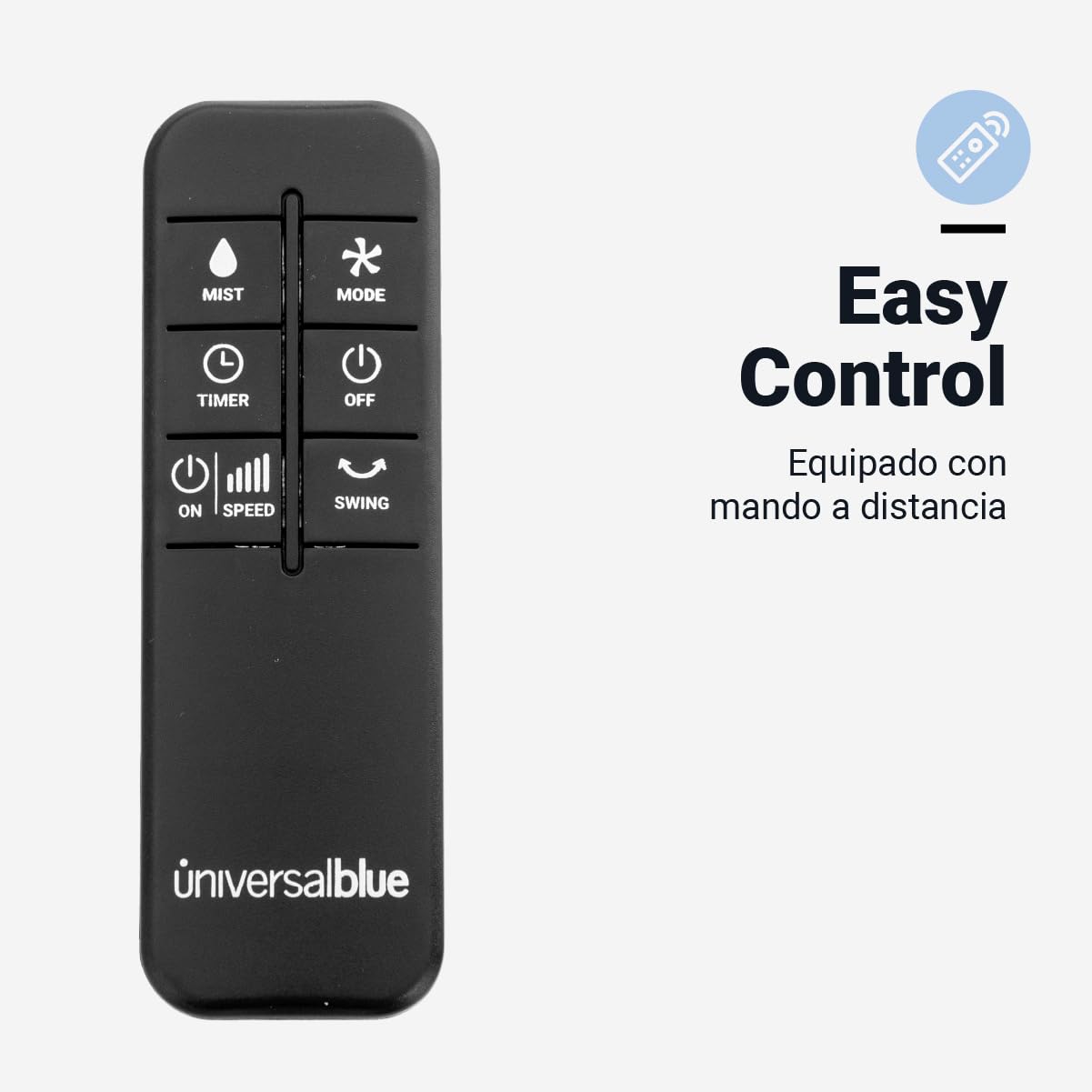 UNIVERSALBLUE Ventilador Humidificador Potente | Ventilador Nebulizador de Agua | Con Ruedas | Mando a Distancia | 3 Velocidades | Silencioso | Temporizador 12h | 5 Aspas | Blanco y Negro