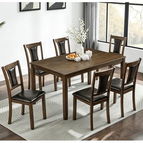 Image of KEIKI 7-Piece Standard Height Dining Table Set with Rectangular Table, 6 Upholstered Chair, for 6 Person, Farmhouse Rustic Style Table Set, Easy Assembly, for Kitchen, Dining Room, Walnut