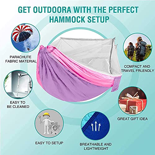 Single & Double Camping Hammock With Mosquito/Bug Net, Outdoor Portable Parachute Nylon Hammock With Tree Straps, Lightweight Backyard Hammock Survival Travel Bed 110" L X 59" W (Purple/Pink) #TOP3