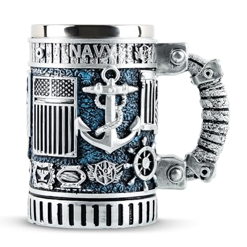 Shyllin Bicchiere Birra Personalizzato, Boccale Birra Medievale Vichingo Nordiche, Tazza da Caffè Creativa all'Ancora di un Aereo e una Nave in Acciaio Inox, Regalo Uomo di Natale Halloween -Nave