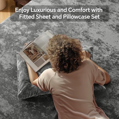 BEDELITE Velvet Fitted Sheet and Pillowcases Set, Luxury Soft Fuzzy Bottom Sheet with Reinforced Elastic Corner Straps, Deep Pocket up to 15 Inch, 1 Fitted Sheet and 2 Pillowcases (King, Grey)