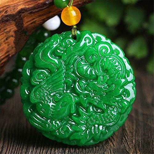EASTCODE Natural Myanmar Jadeite Full Green Dragon & Phoenix Jade Pendant Genuine Iron Dragon Emerald Auspicious Pendant Lovers Necklace